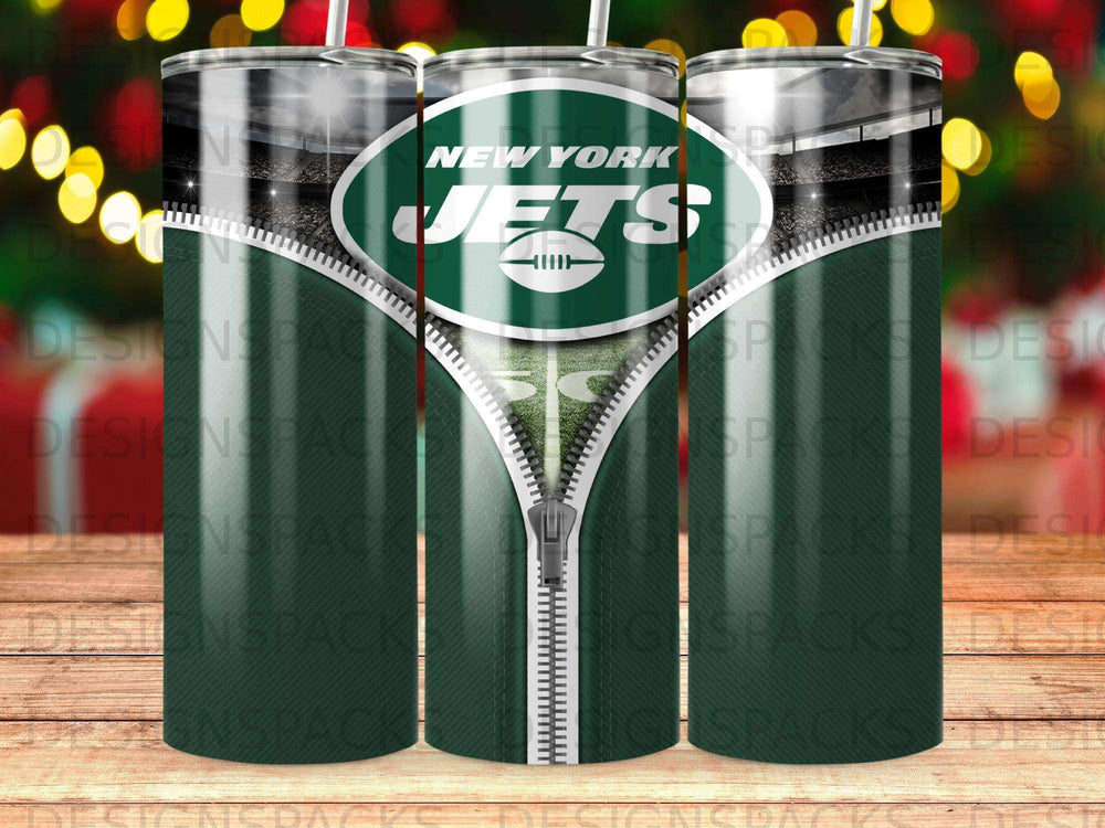 New York Jets logo on a zippered tumbler with stadium background.