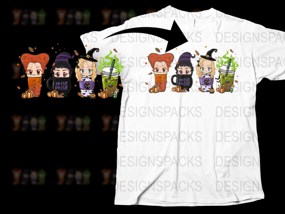 Halloween T-Shirt Cute Witch Characters Broomstick Pumpkins Kids Adults Holiday Apparel