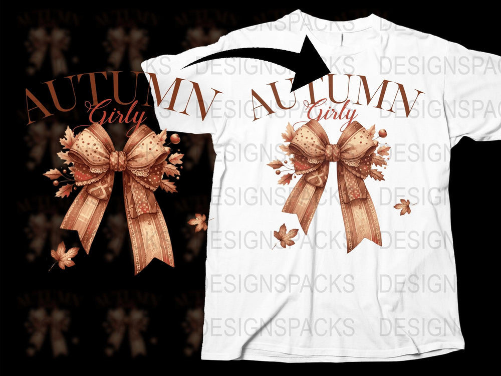 Autumn Girly T-Shirt, Fall Fashion Bow and Leaves Design, White Tee, Casual Women's Apparel, Seasonal Graphic Shirt