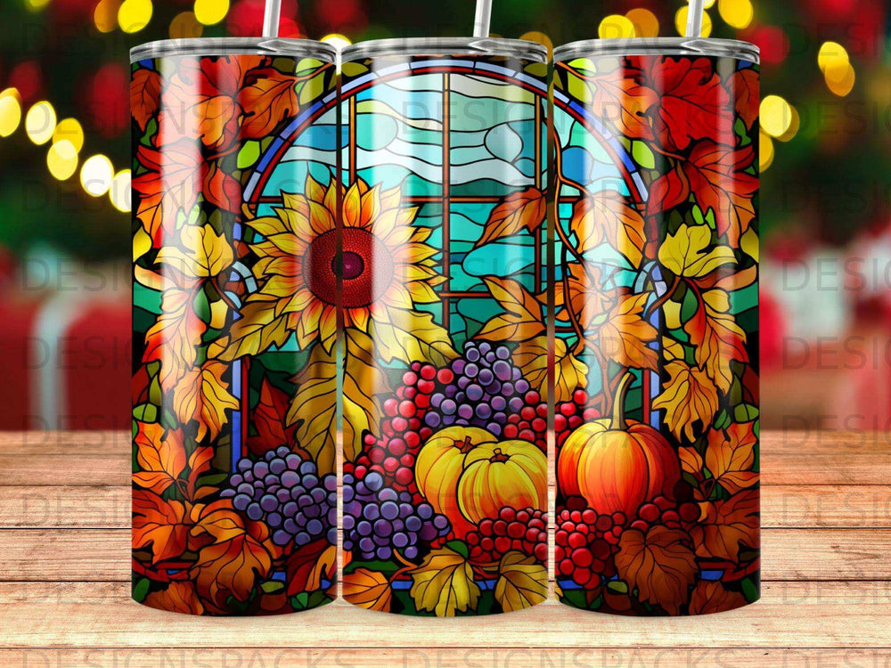 Autumn harvest stained glass pattern with sunflower, pumpkins, and grapes.