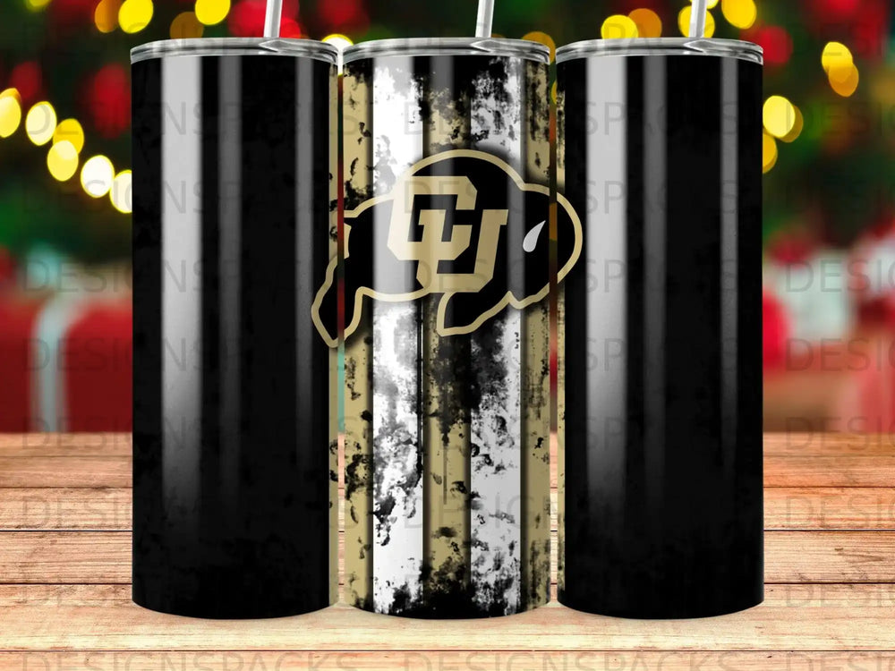 Colorado Buffaloes logo on black tumbler with distressed gold and white stripes.