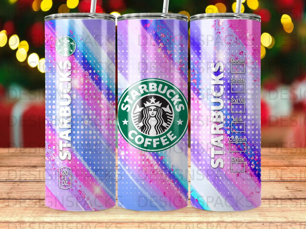 Starbucks tumbler with purple and pink ombre, coffee logo, and menu options.