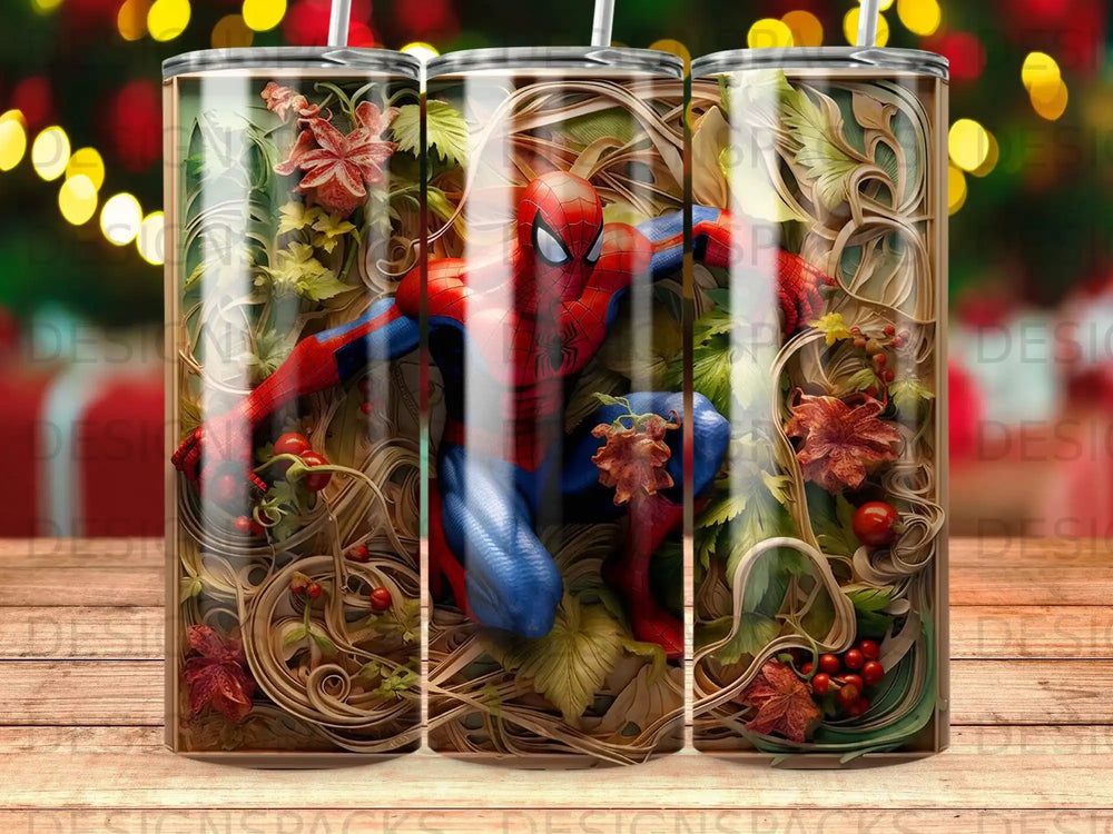 Spiderman in a web, surrounded by leaves and flowers.