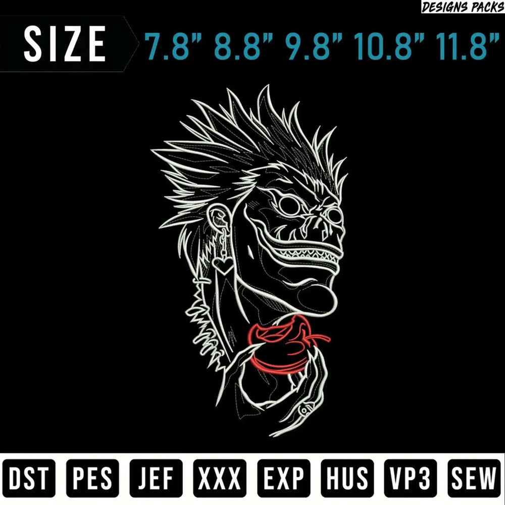 Ryuk from Death Note holding a red apple, with size and file format options.