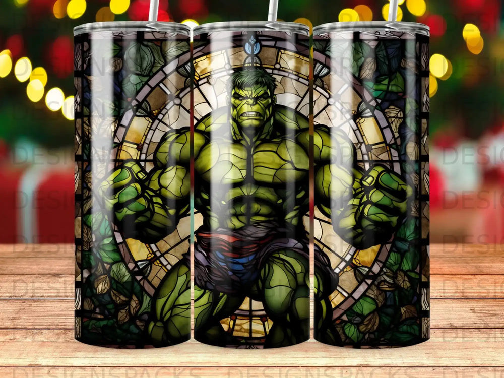The Incredible Hulk in stained glass style, holding fists up.