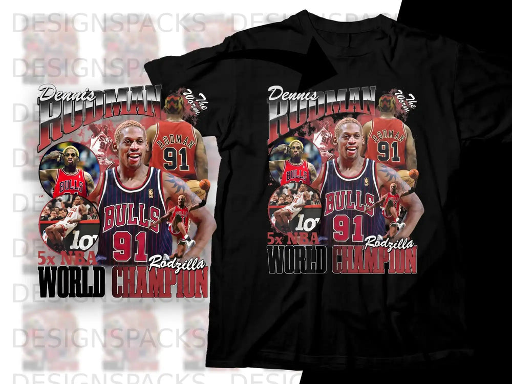 Dennis Rodman 91 Bulls 5x NBA World Champion t-shirt with graphic.