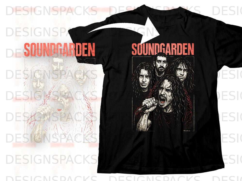 Black t-shirt with Soundgarden band graphic and red text.