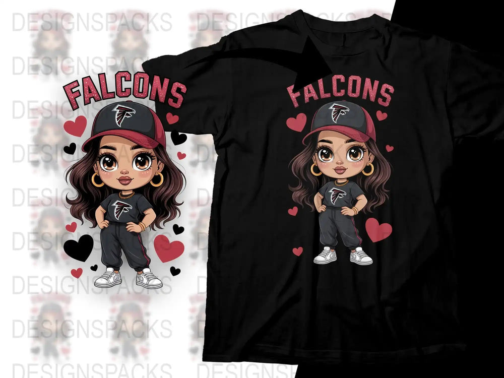 Cute Falcons Girl T-Shirt, Cartoon Character Kids Sports Tee, Heart and Sneaker Design, Black Shirt