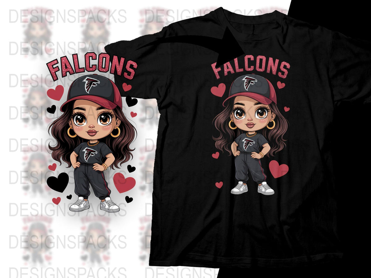 Cute Falcons Girl T-Shirt, Cartoon Character Kids Sports Tee, Heart and Sneaker Design, Black Shirt
