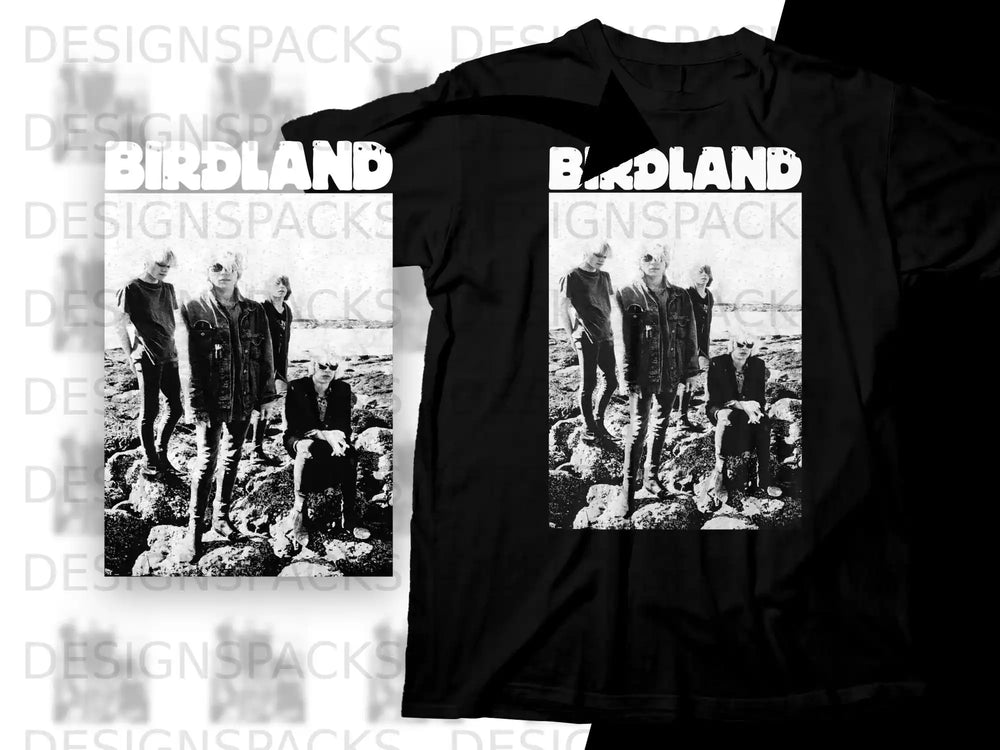 Black t-shirt with black and white band photo and "BIRDLAND" logo.