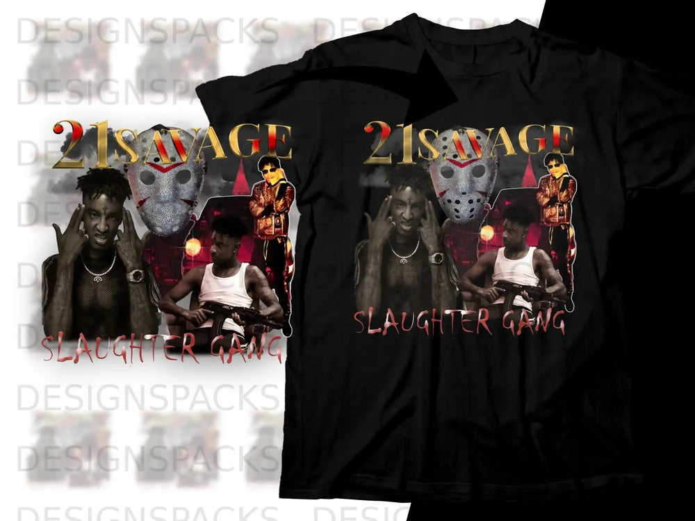 Black t-shirt with "21 Savage Slaughter Gang" graphic featuring two images.