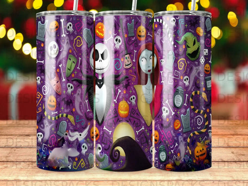 The Nightmare Before Christmas characters on a purple background with spooky Halloween motifs.