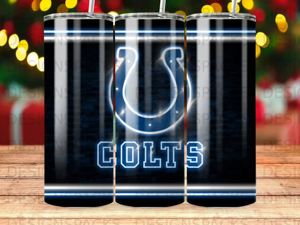 Indianapolis Colts logo on a dark, lined tumbler.