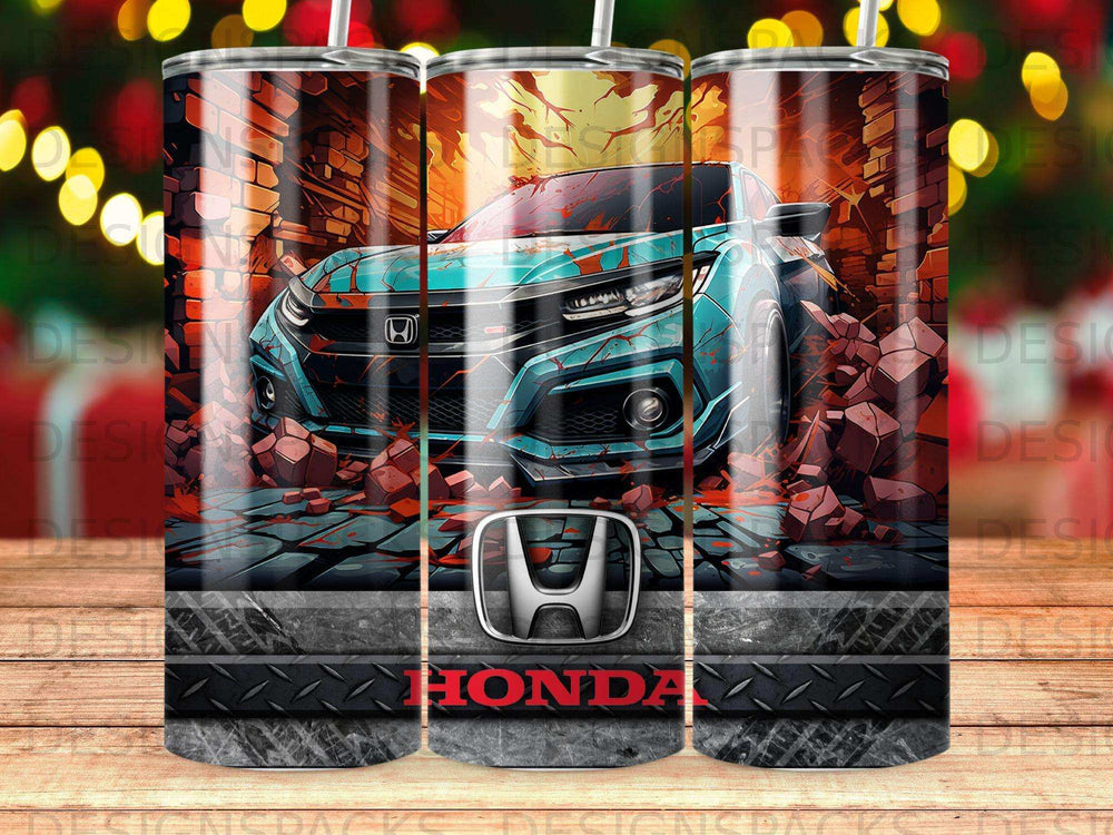 Blue Honda car bursting through a brick wall with "Honda" logo.