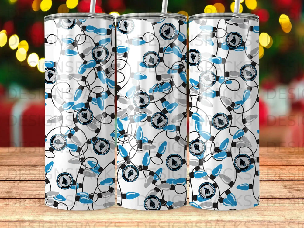 Carolina Panthers logo on a string of blue and white Christmas lights pattern.
