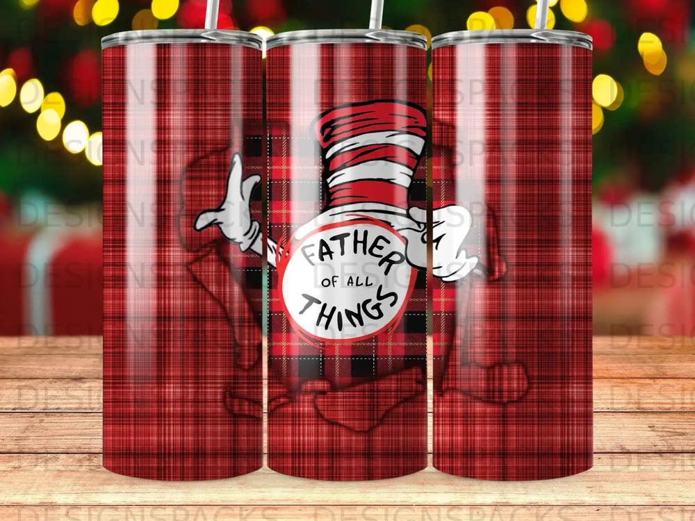 Dr. Seuss's Cat in the Hat with "Father of All Things" text on plaid background.