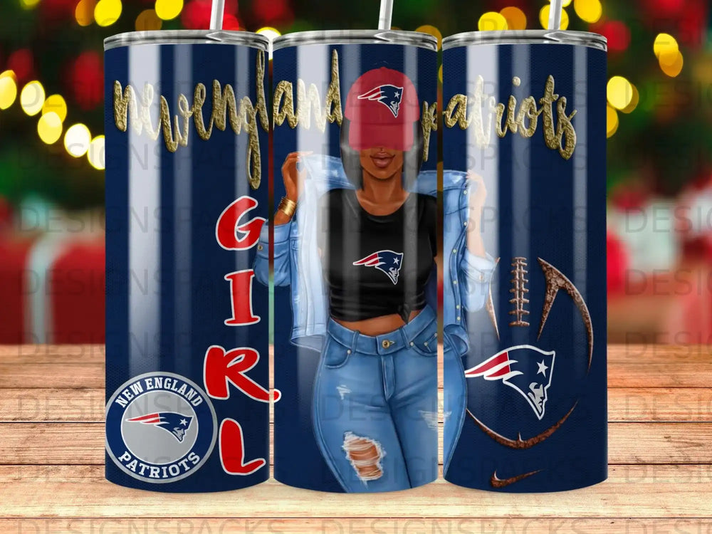 New England Patriots tumbler with team logo and woman in denim jacket.