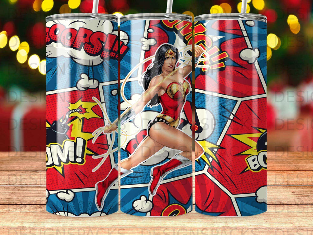 Wonder Woman in action pose on comic book background.