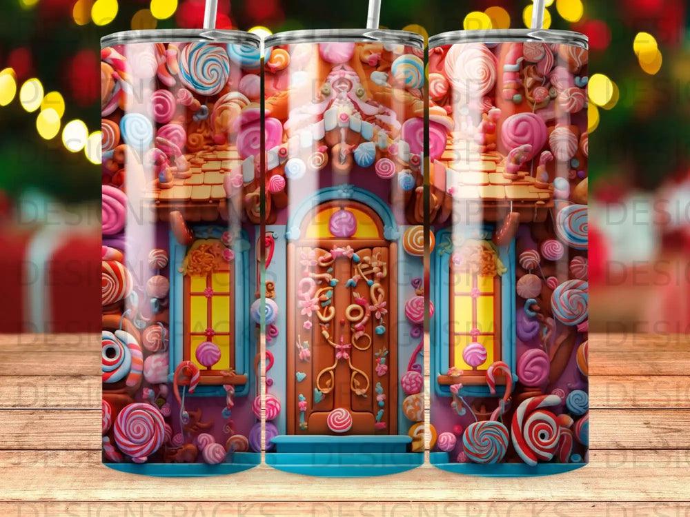 Gingerbread house with candy decorations and lollipops, rendered in vibrant colors.