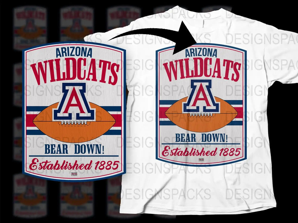 Arizona Wildcats T-Shirt, Bear Down Logo, College Football, Fan Apparel, Established 1885 White Tee