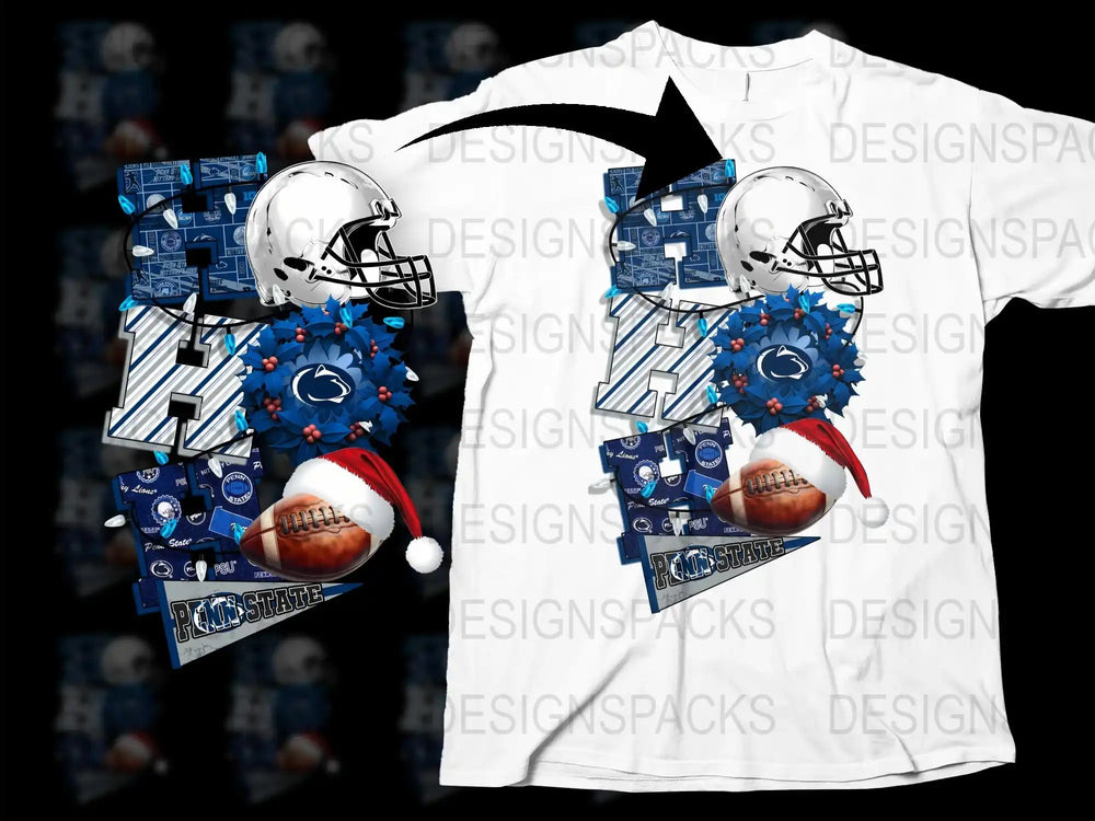 Penn State Football Christmas T-Shirt, Holiday Santa Hat Graphic Tee, Festive Sports Fan Apparel, Gift Idea