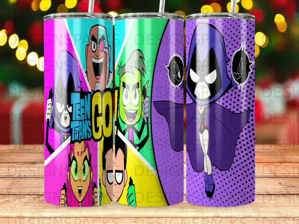 Teen Titans characters on a colorful, patterned tumbler design.