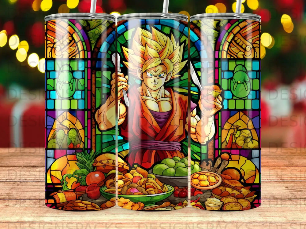 Goku from Dragon Ball Z eating a Thanksgiving feast in front of a stained glass window.