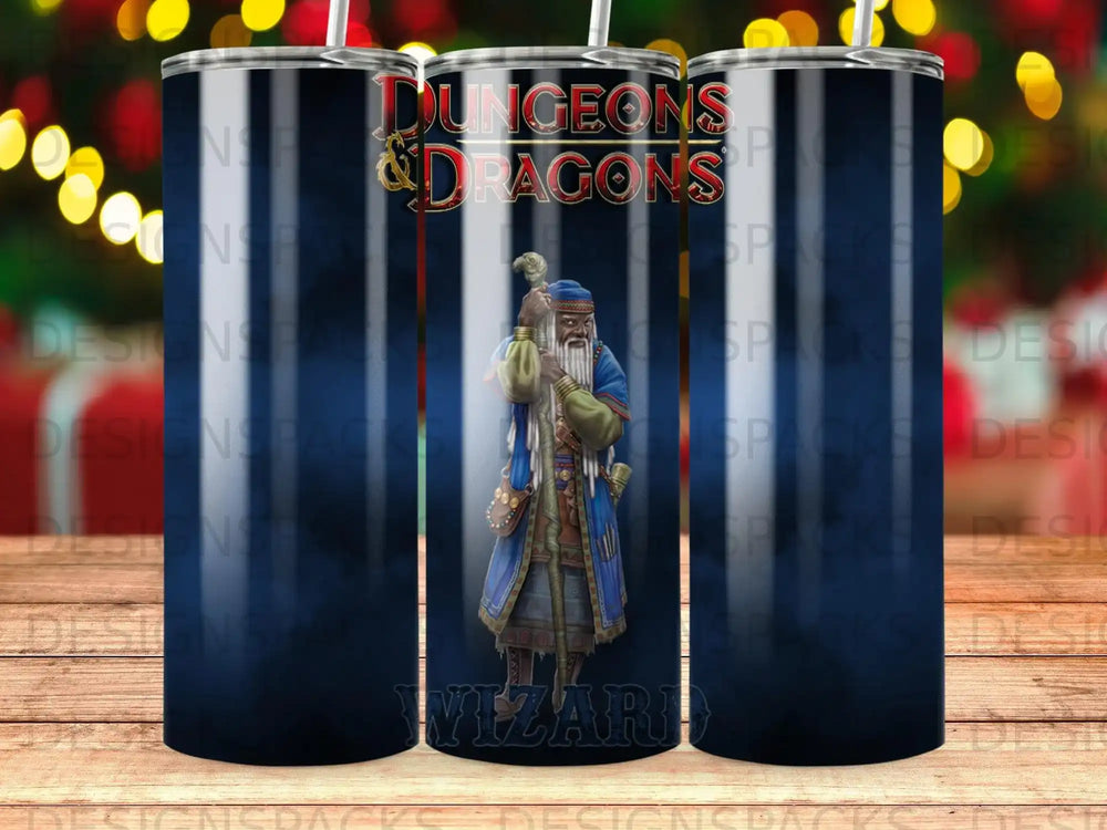 Dungeons & Dragons wizard illustration on a blue tumbler.