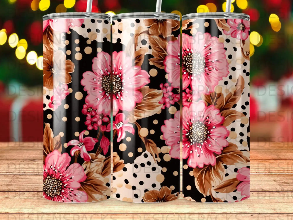 Floral pattern tumbler with pink flowers, brown leaves, and black polka dots.