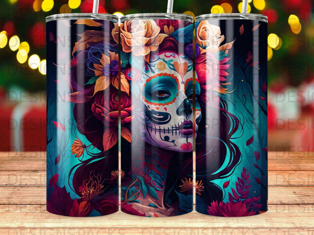 Day of the Dead skull woman with floral headdress and colorful makeup.