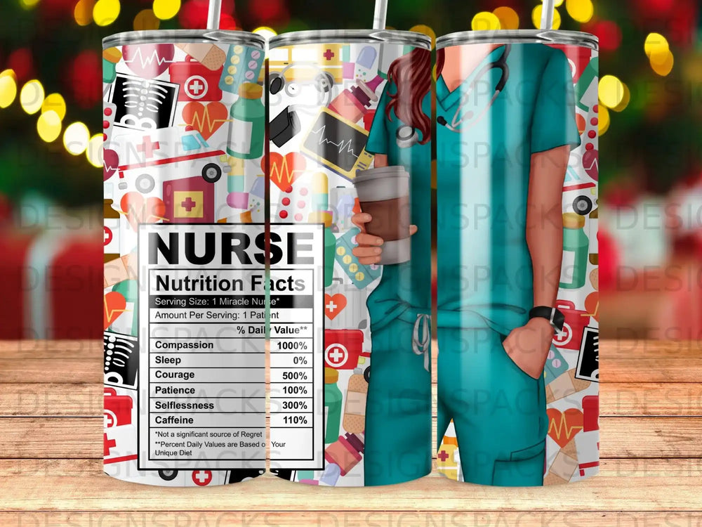 Nurse Nutrition Facts tumbler wrap with medical icons and colorful background.