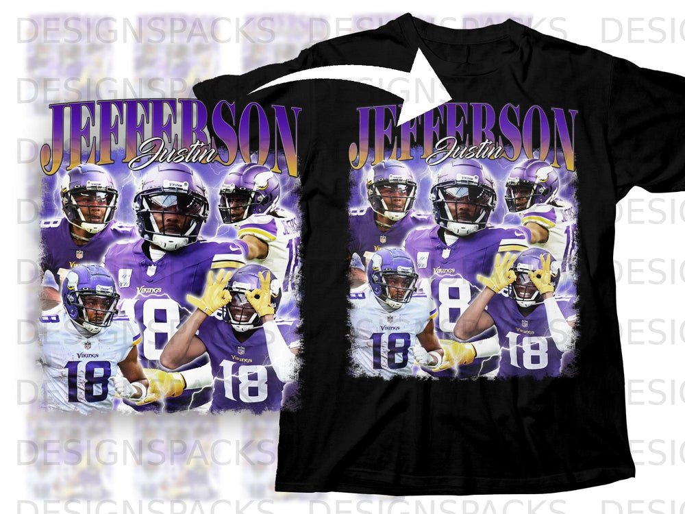 Black t-shirt with graphic of Justin Jefferson and Vikings players.