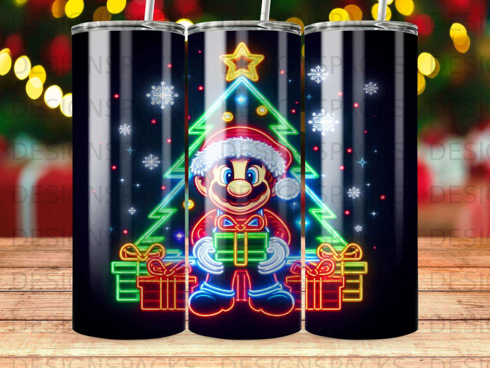 Mario in Santa hat holding gift box in front of neon Christmas tree.
