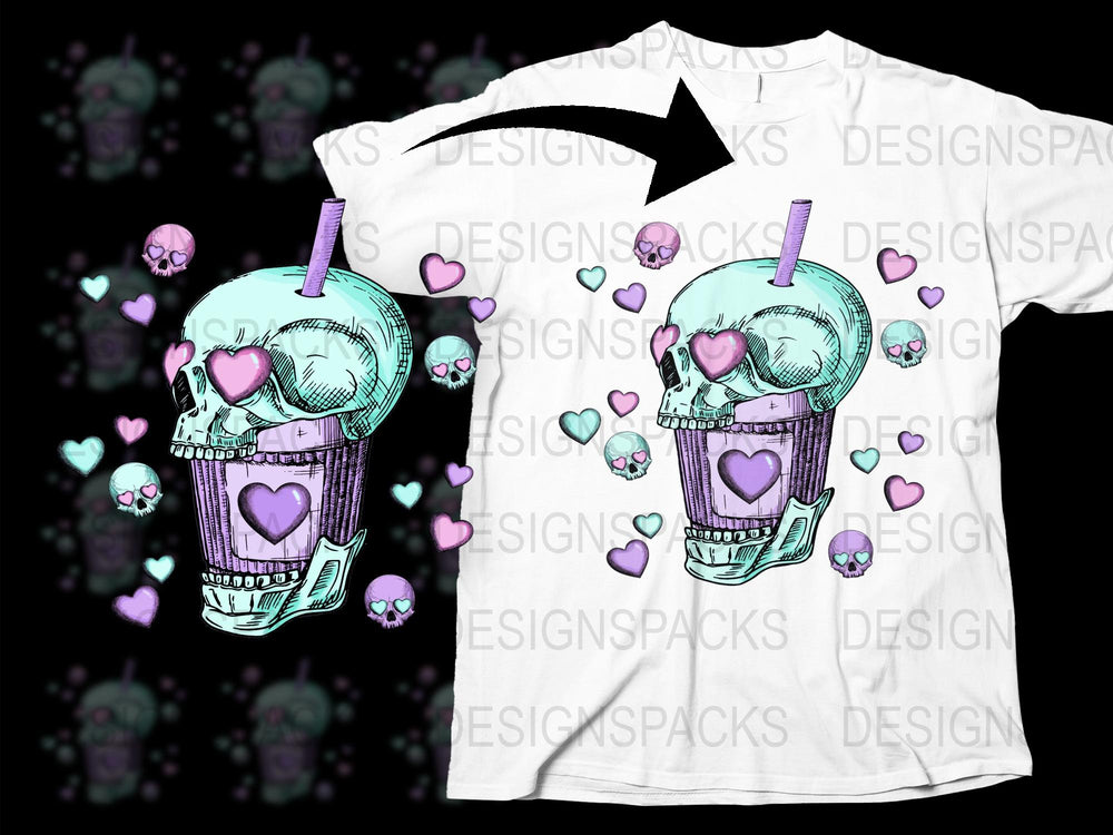 Gothic Skull T-Shirt with Pink Hearts, Unique Emo Graphic Tee, Trendy Punk Clothing for All Ages