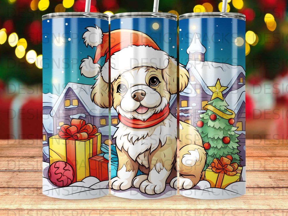 Puppy wearing Santa hat sits near presents and Christmas tree.