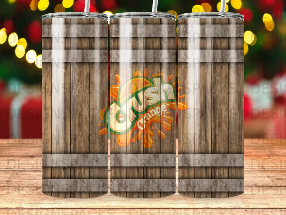 Orange Crush soda logo on a rustic wooden barrel design tumbler.