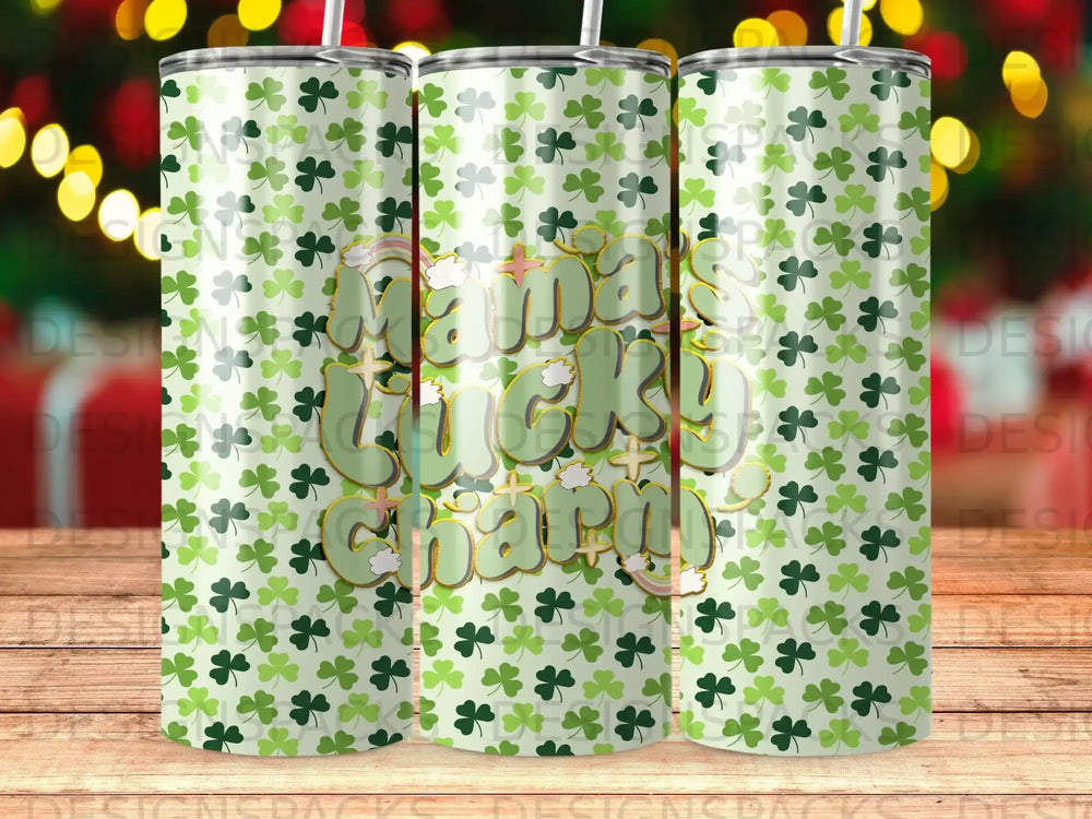 Green tumbler with shamrock pattern and "Mama's Lucky Charm" text.
