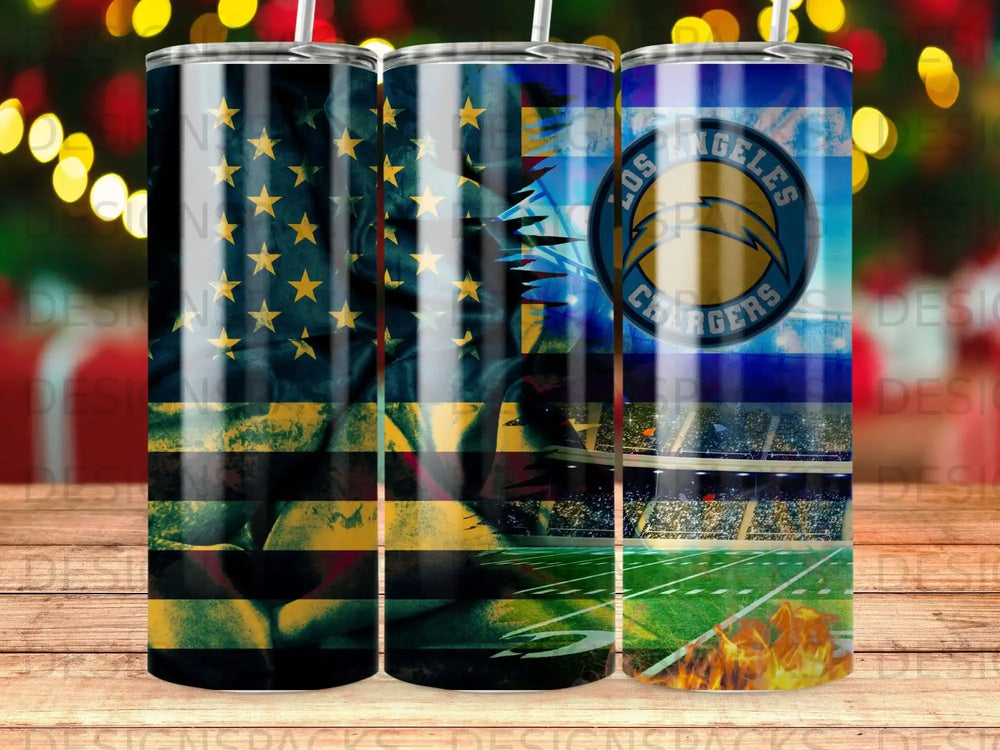Los Angeles Chargers tumbler with American flag and stadium background.