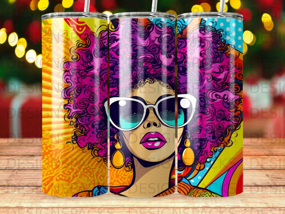 Colorful tumbler with a stylized woman wearing large sunglasses and hoop earrings.