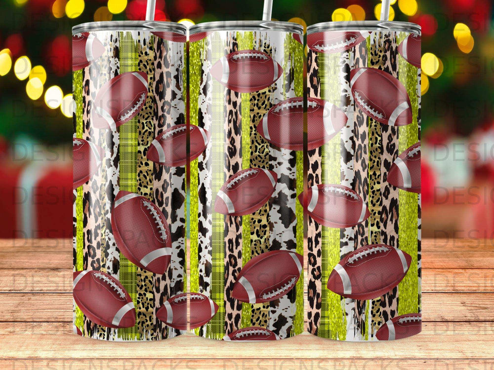 Tumbler with leopard print, green plaid, and footballs.