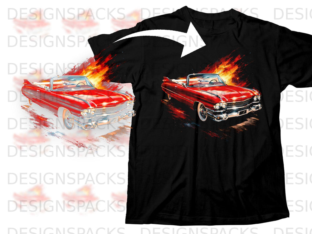 Black t-shirt with a red vintage convertible car on fire graphic.