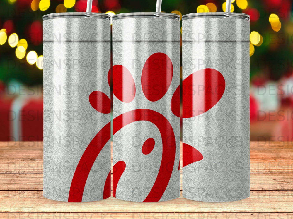 Chick-fil-A logo on a white tumbler with blurred background lights.