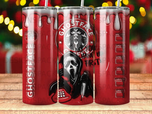 Ghostface coffee cup with dripping blood and phone imagery.