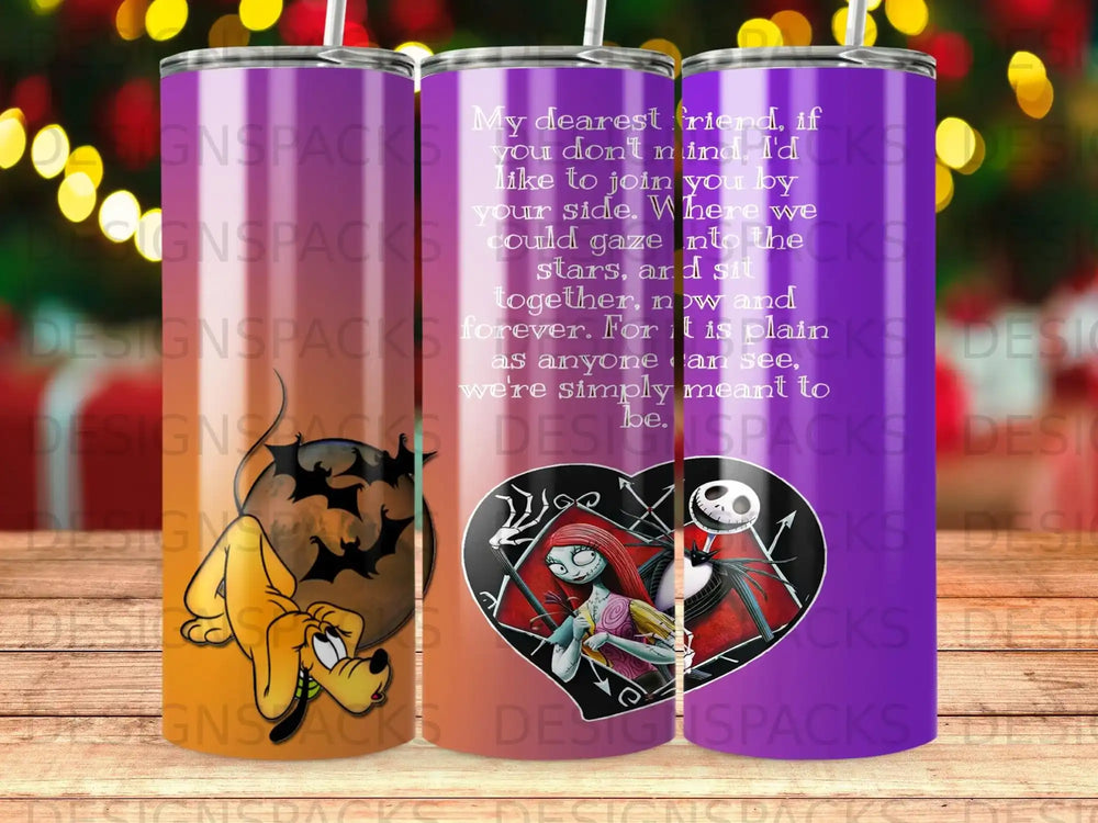 Tumbler with Halloween characters and text from "The Nightmare Before Christmas."