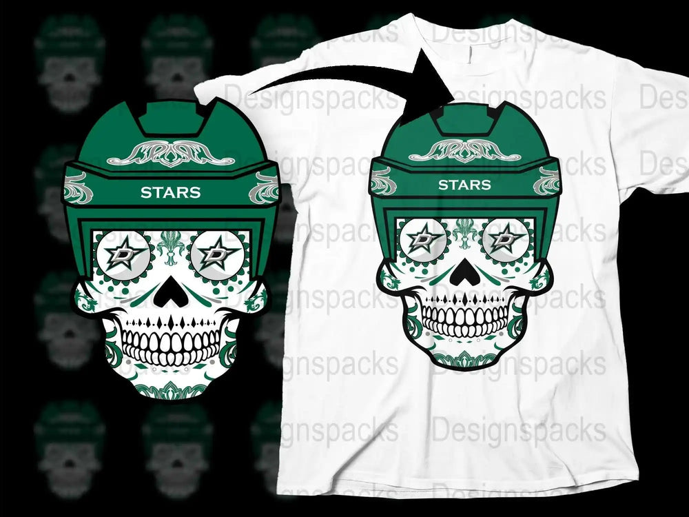 Graphic Skull T-Shirt, Cool White Tee with Green Skull Design, Stars Motif, Unisex Casual Wear