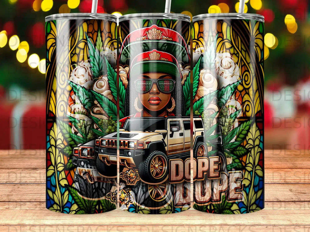 Woman in sunglasses with gold jewelry, cannabis leaves, and "DOPE JUICE" text on a tumbler.