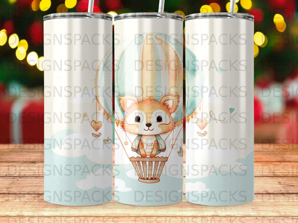 Cute fox in a hot air balloon with "DESIGNSPACKS" watermark.