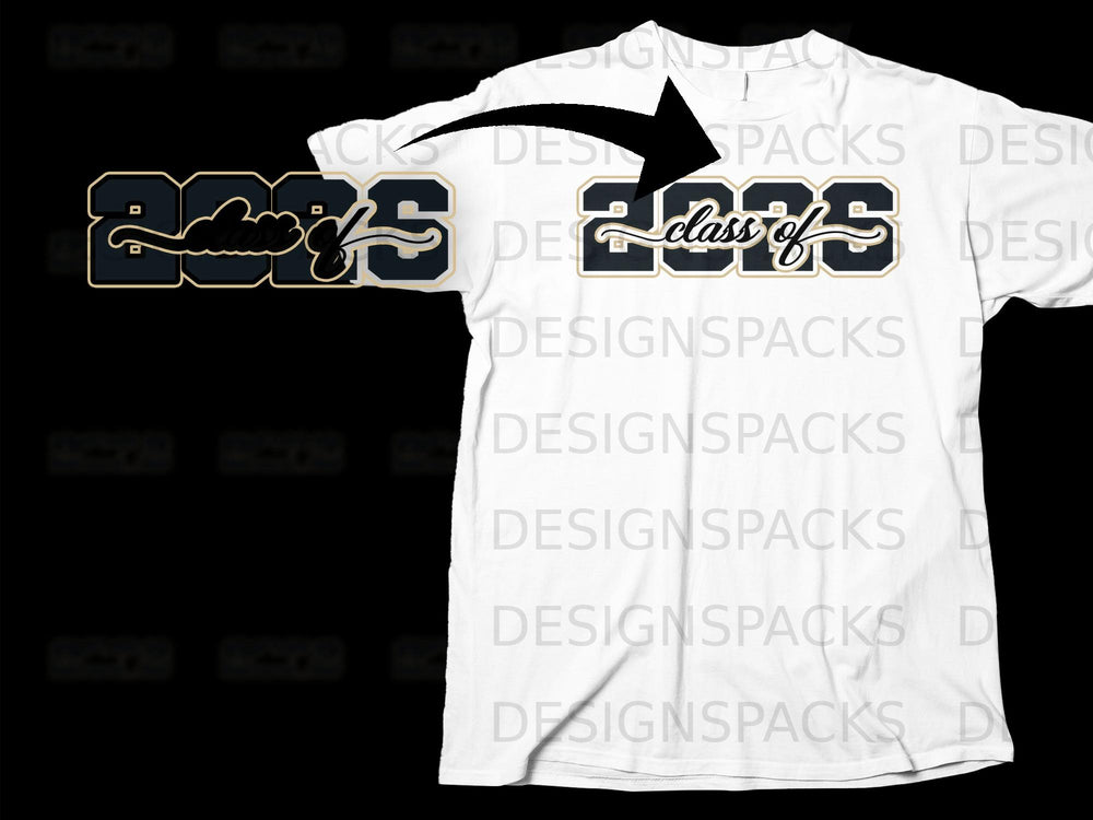 White t-shirt with "Class of 2025" graphic in dark blue and gold.