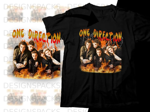 One Direction band members on a black t-shirt with fire graphic.