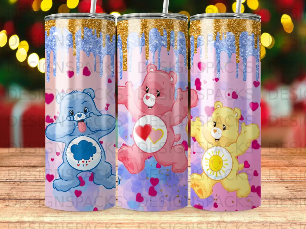 Three cartoon teddy bears with glittery tops and hearts on pink and purple backgrounds.